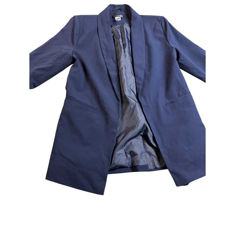 Venus Womens Navy Blue Open Front Ruched 3/4 Sleeve Shawl Collar Blazer Size 6 - Picture 3 of 11